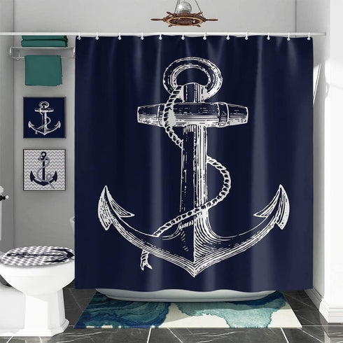 Custom Nautical Navy Blue Anchor Shower Curtain, 70x72 Inch