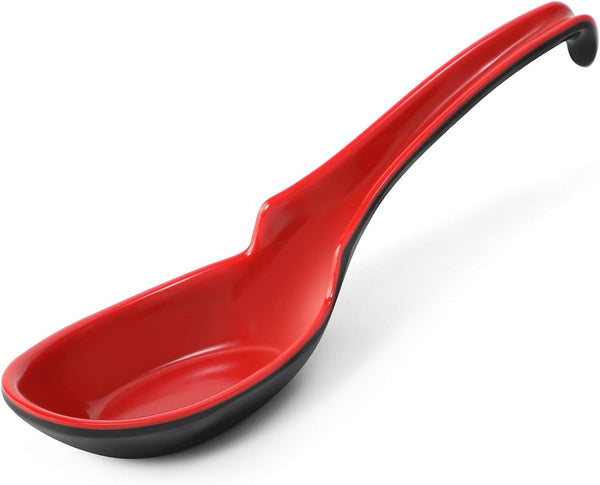 12 Pack Asian Soup Spoons, Melamine Chinese Won Ton Soup Spoon for Soba, Pho, Ramen, Red & Black
