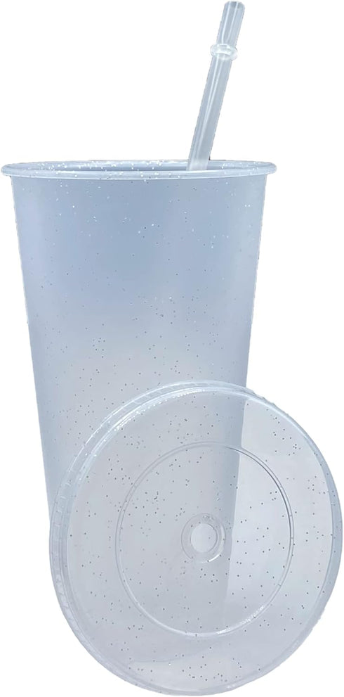 Generic 24 oz Reusable Glittered Translucent Cold Cup, 4 Pack with Straw and Lid