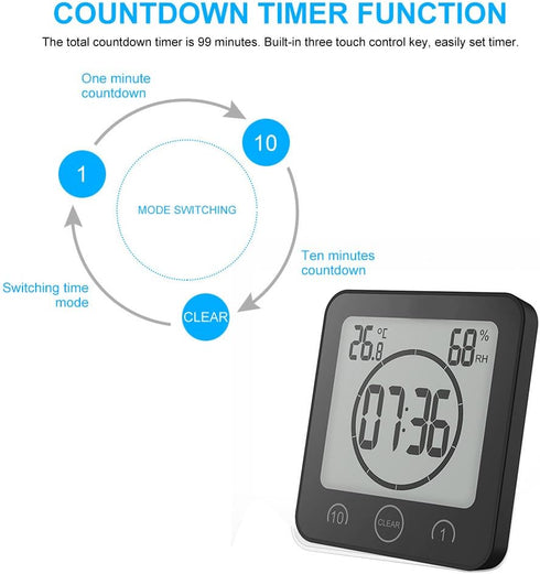 AOZBZ Digital Shower Wall Clock, Waterproof Touch Screen Timer with Alarm, Temperature Humidity Display, Suction Cup