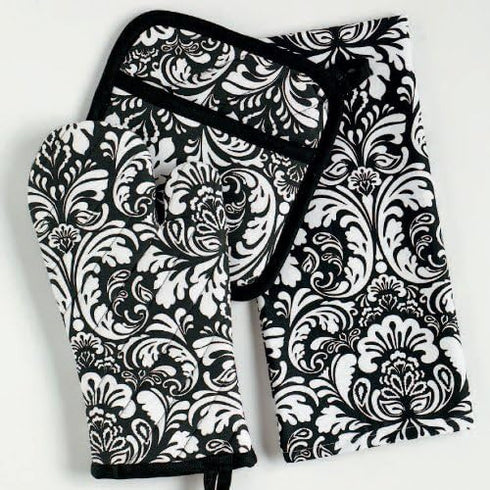 DII Cotton Dish Towel Set, Damask Print, Black, 18x28, 2 Count