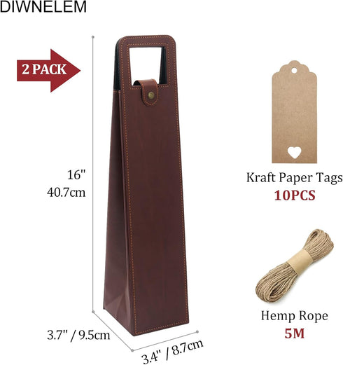 DIWNELEM 2 Pack Leather Wine Bag Leather Wine Gift Bags Wine Tote Carrier Bag Champagne Beer Bottle Gift Bags for Wine Tasting Party,Christmas, Wedding, Travel, Birthday, Holiday Party-Brown