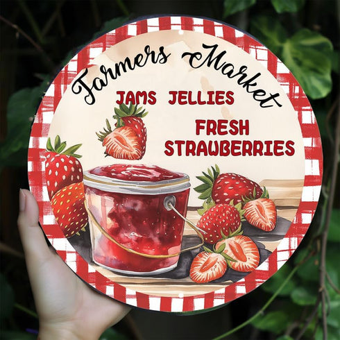 Generic 8x8 inch Jams Jellies Fresh Strawberries Aluminum Round Sign Vintage Strawberries Metal Signs Suitable for Home