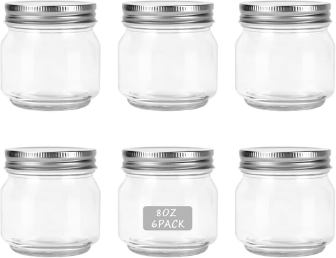 HOXHA 6 Pack Glass Regular Mouth Mason Jars, 8 oz Clear Glass