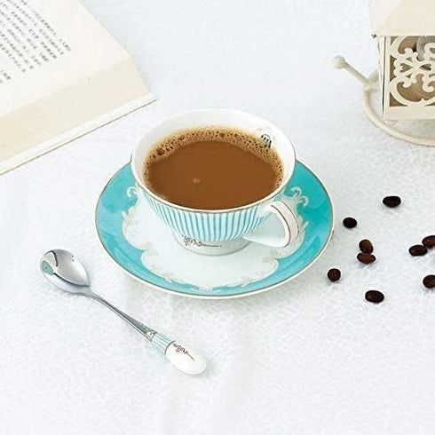 Cup & Saucer Set Bone China Porcelain Tea Coffee Cup for Breakfast Afternoon Tea - Blue Stripe Pattern (1)