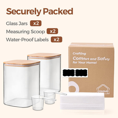 3.6 Set 2, ComSaf Qt Glass Food Storage Containers of Large Storage Containers with Lids, Square Glass Jars with Lids