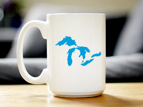 Great Lakes Map Coffee Mug - Unique Art Gifts for Midwestern Women & Men - Large 15oz White Ceramic Mug