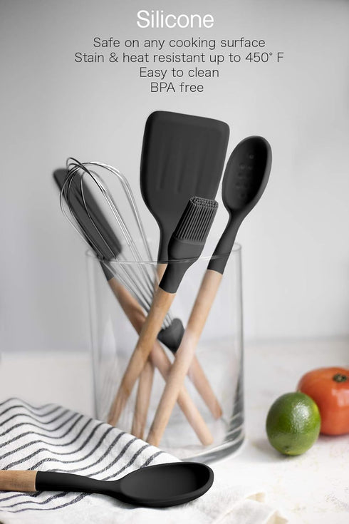 Country Kitchen 6 pc Non Stick Silicone Utensil Baking Set with Rounded Wooden Handles for Cooking and Baking, Black