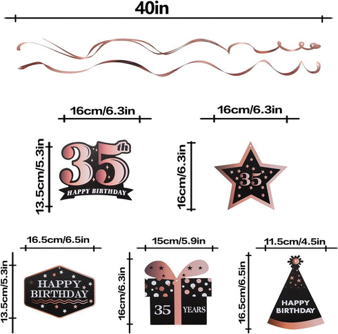LINGTEER Happy 35th Birthday Decorations, 12 Pcs Black & Rose Gold Foil Swirls Streamer Set for 35 Years Old