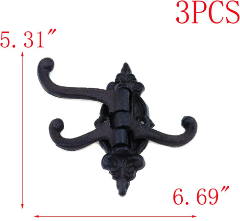 MY MIRONEY Cast Iron Swivel Wall Hook - 3-in-1 Vintage Coat Hook, Heavy Duty Triple Swivel Hook Pack of 3