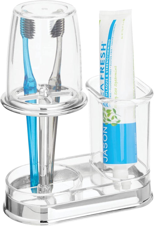 mDesign Plastic Toothpaste and Toothbrush Holder Center with Cup/Cover - Organizer for