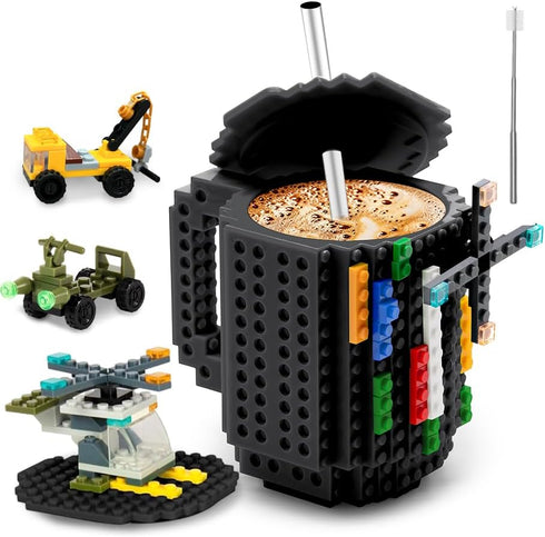 Fubarbar Kids Brick Gaming Mug - Novelty Coffee Cup with Straw, Funny Xmas/Birthday Gift for Men, Women, Kids, Black