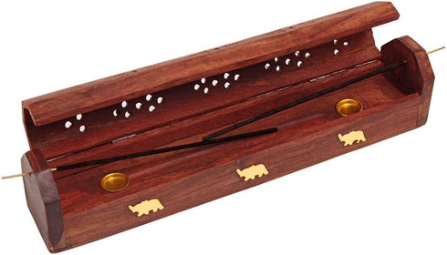 raajsee Beautiful Handmade Wooden Brown Incense Stick Holder Burner Coffin Box - Ash Catcher with Brass Inlay - Home