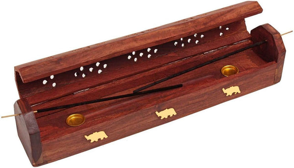 raajsee Beautiful Handmade Wooden Brown Incense Stick Holder Burner Coffin Box - Ash Catcher with Brass Inlay - Home
