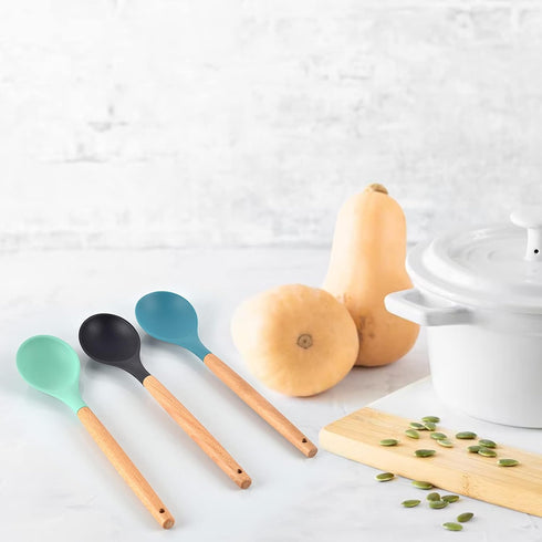 3 Pcs Large Silicone Spoon with Wooden Handle, Mixing Spoons for Cooking Baking Stirring, Nonstick Heat-Resistant
