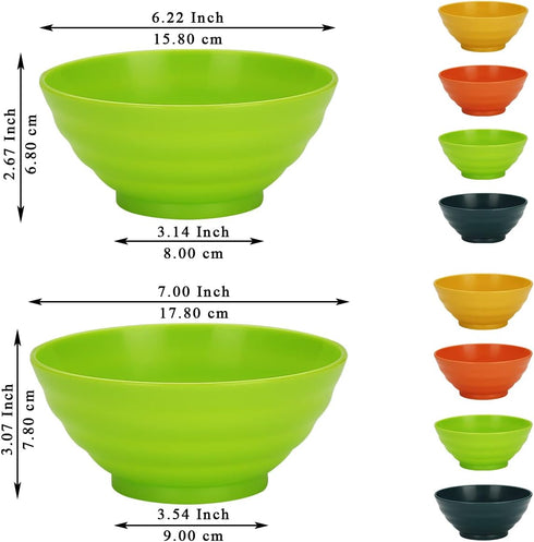 Plastic Bowls Set of 8 Pieces, 2 Sizes 17/34oz Unbreakable Reusable Light Weight Bowl for Cereal, Noodle, Soup, Pasta, Ramen, Popcorn, Fruit, Salad and All Purpose by Evanda