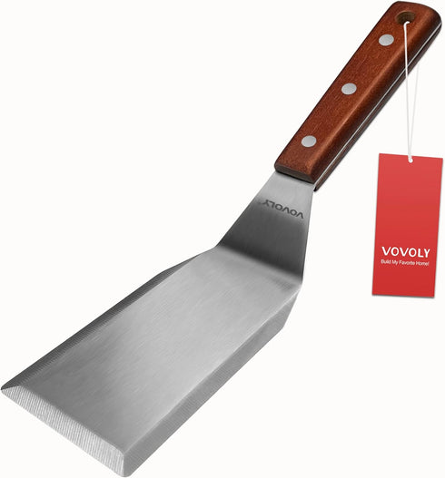 Professional Metal Spatula for Cast Iron Skillets and Flat Top Grills, Full Tang Wooden Handle, 1.8mm Thick Blade