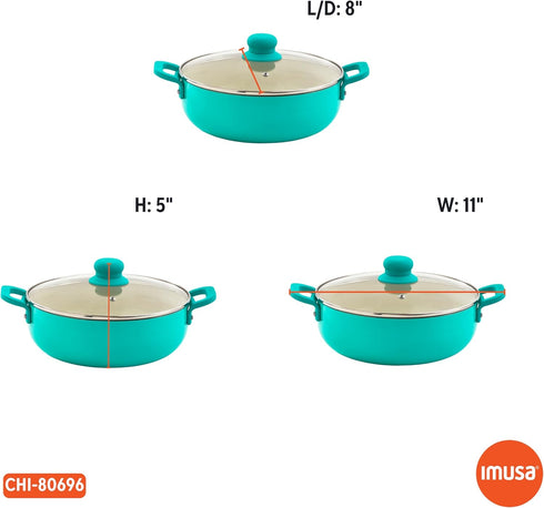IMUSA USA Tea Caldero (Dutch Oven) with Glass Lid, 2-Quart Ceramic Interior, Teal