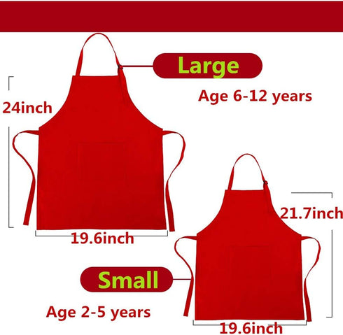 Kids Apron and Chef Hat Set, Adjustable Cotton Bib Aprons with Large Pocket, Red