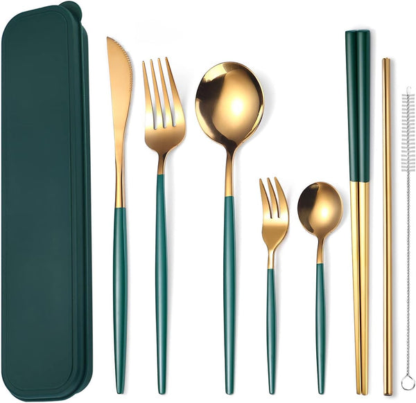 AARAINBOW 8 Pieces Stainless Steel Flatware Set, Portable Reusable Travel Utensils Including Knife, Fork, Spoon, Straws