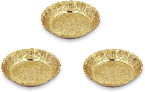 Shubhkart Solid Brass Nakshi Plate Set for Puja, Decoration & Diwali Gifting, Small 7 cm, Pack of 3
