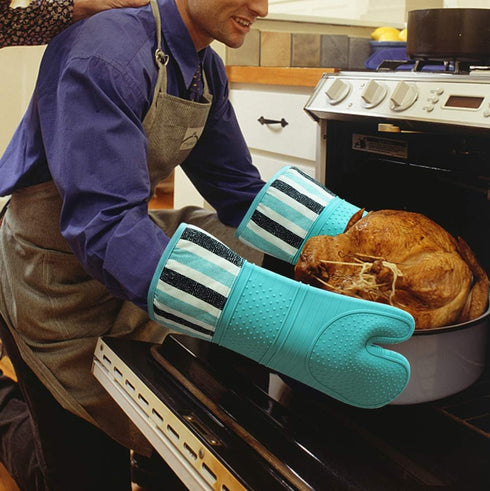 RED LMLDETA Heat Resistant 550 Degree Oven Mitt, Silicone Hot Mitts - 1 Pair, Extra Long (Blue Mittens)