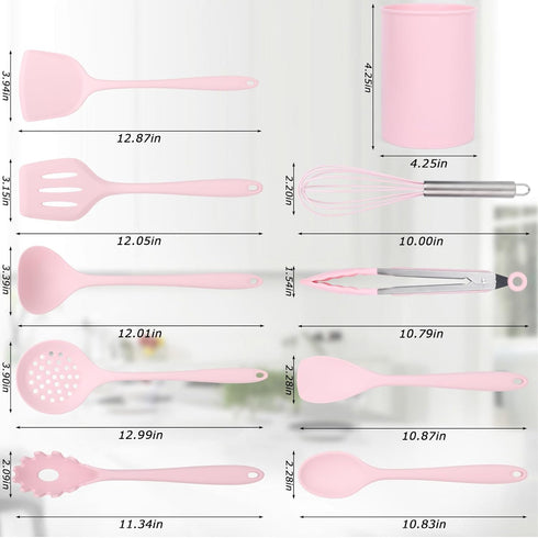 LOVEINUSA 10PCS Silicone Cooking Utensils Set, Heat Resistant Kitchen Utensils Silicone Spatulas Set Gadgets Tools Set for Nonstick Cookware Dishwasher Safe Pink by LOVEINUSA