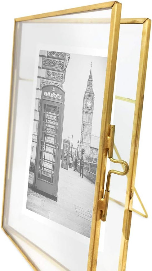 Isaac Jacobs 6x8 Antique Gold Floating Picture Frame, Vintage Style Brass and Glass, Tabletop Display with Locket