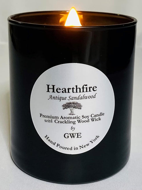 Hearthfire Sandalwood Scented Soy Candle w/Natural Oils, Wood Wick, Smoky Dark Sweet, Made in The USA