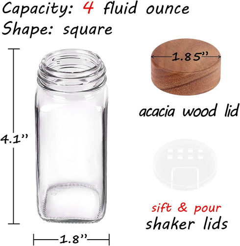 24 547 4 Oz Churboro Spice Jars with Labels - Glass Spice Jars with Shaker Lids - Square Spice Containers with Acacia