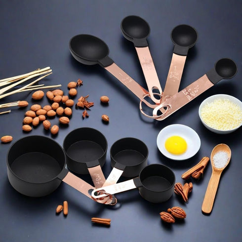 Measuring Cup and Spoon Set, 8PCS Liquid or Dry Measuring Cups with Stainless Steel Handle, Nesting Kitchen Tool (Black)