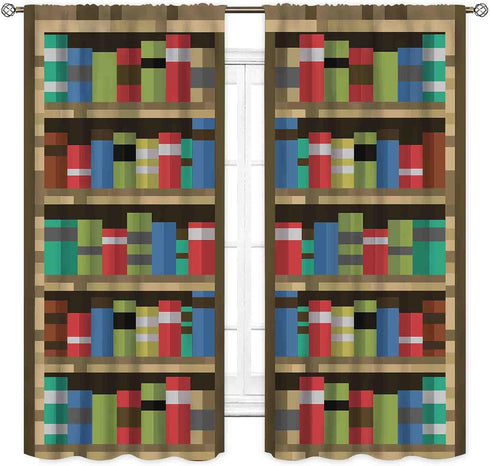 TKUYO 42"x54" Inch Pixelated Bookshelf Curtains, Pixel Print Game Theme Anime Bookcase Educational Window Drapery