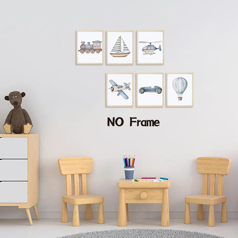 Set 6, 12x16 inch Nursery Car Wall Art of Baby Boys Poster Canvas Prints, Blue Kids Car Train Plane Boat Hot Air