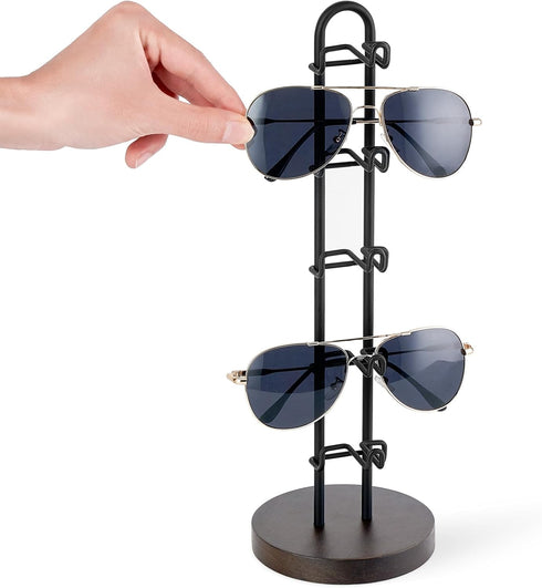 Mkono Sunglasses Organizer for 5 Pairs, Glasses Holder Stand with Metal Frame and Wood Base for Table Display