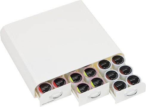 Mind Reader Coffee Pod Organizer with 3 Drawers, 36 Pod Capacity, Countertop Storage, 12.25"L x 13.5"W x 2.5"H, White
