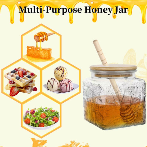 Honey Pot, Airtight Glass Honey Jar with Bamboo Lid and Dipper Stick, 17oz Square Sunflower Container for Home