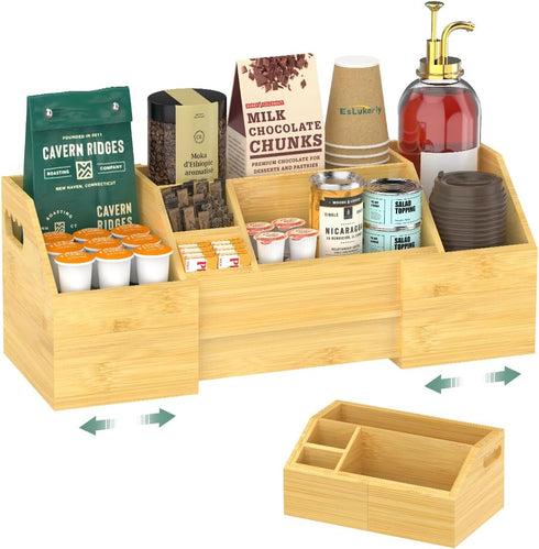 EsLuker.ly Coffee Station Organizer Countertop, Bamboo Extendable Coffee Bar Caddy Condiment Storage,