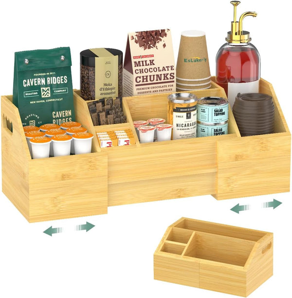 EsLuker.ly Coffee Station Organizer Countertop, Bamboo Extendable Coffee Bar Caddy Condiment Storage,