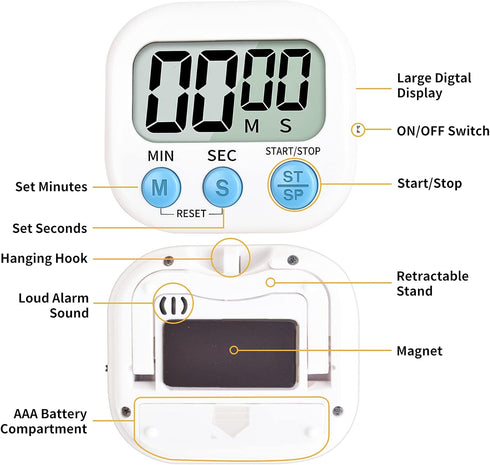 Timer for Kids, Digital Kitchen Timer, Magnetic Back, Loud Ring, Stand for Cooking, Classroom, 2 Pack