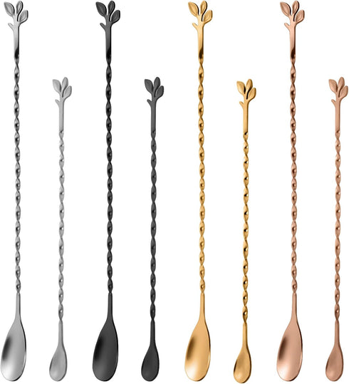 AnSaw 12-Inch Leaf Handle Bar Spoon - Long Handle Cocktail Mixing Stirrer - Stainless Steel, Black