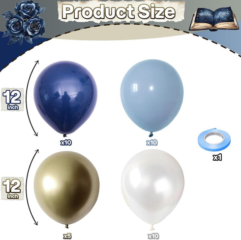 12inch Retro Navy Blue Gold and White Balloons, Pastel Dark Light Blue White Latex Balloons with Metallic Chrome Gold