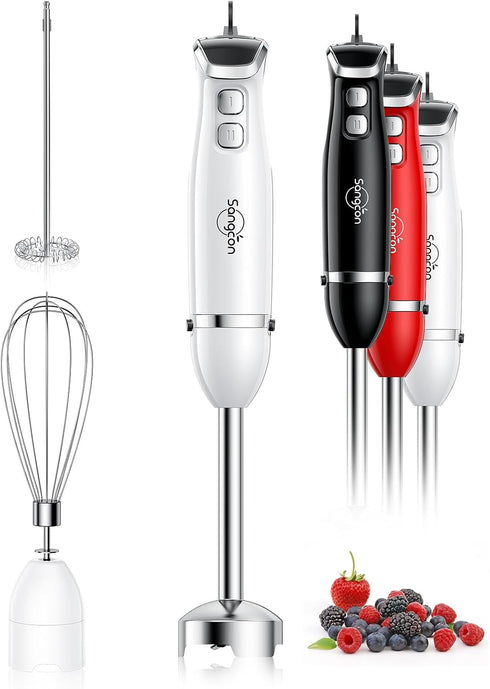 Sangcon Immersion Blender Handheld - 400W Electric 3-in-1 Stick Blender with Whisk, Milk Frother Attachments, White