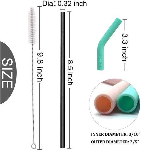 Senneny Set of 5 Stainless Steel Straws with 2 Cleaning Brushes, 1 Portable Bag, Silicone Flex Tips Elbows Cover