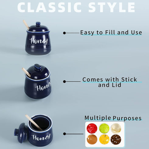 Set 12oz,Easy HAOTOP Farmhouse Porcelain Honey Jar with Dipper and Lid to Clean (Navy)