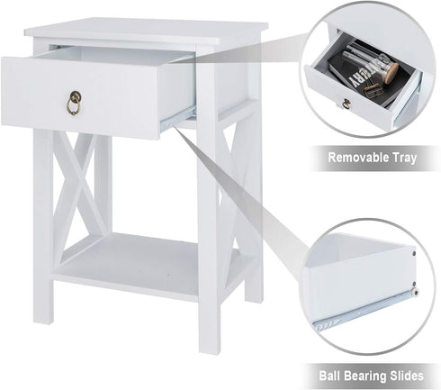 Bonnlo White Nightstand, Small Nightstand with Drawer & Shelf, Farmhouse Night Stand Bedroom, End Table/Bedside