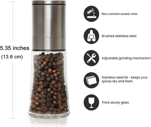 Bunchtou 1pk Original Stainless Steel Pepper Grinder or Salt Mill - Coarseness Adjustable Sea Salt Grinder or Pepper