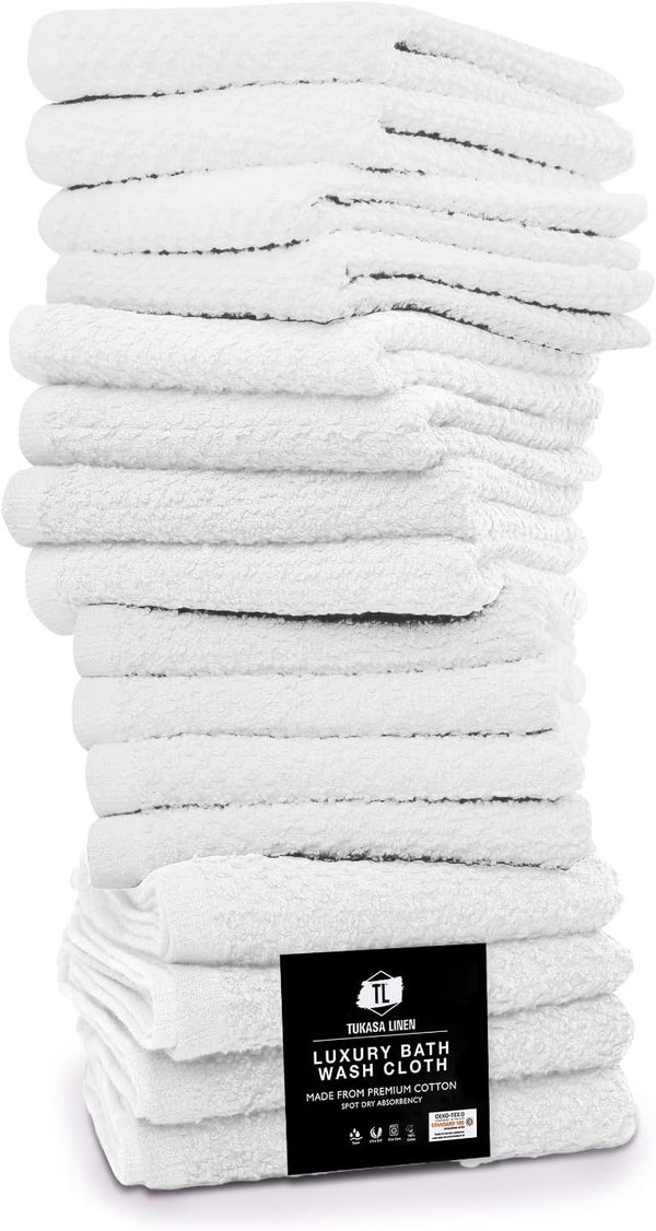 Tukasa Linens 16 Pack Cotton Washcloths for Body and Face, 12x12 Inches, Pack of