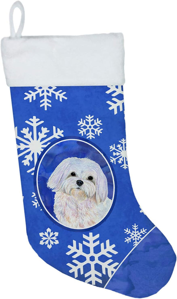 Caroline's Treasures SS4620-CS Maltese Winter Snowflakes Holiday Christmas Stocking - Fireplace Hanging Stockings