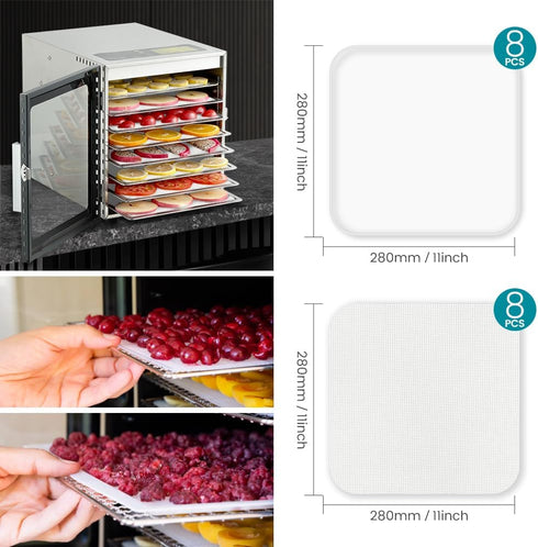 8 8 (11x 11in) Pcs Silicone Food Dehydrator-Trays with Edge, Pcs Mesh Dryer Mats,Reusable Non Stick Silicone Dehydrator