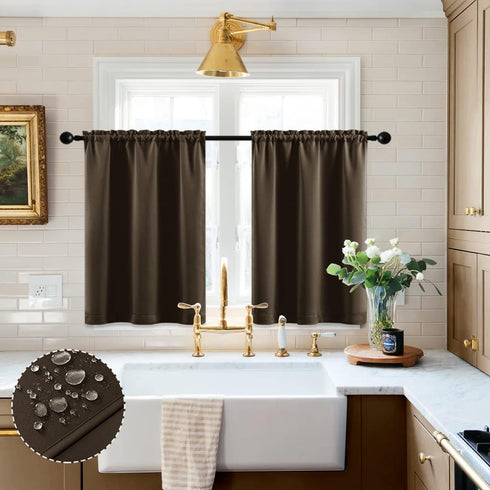 XTMYI Dark Brown Cafe Curtains for Kitchen, Set of 2 Insulated Waterproof Short Curtains for Small Windows, 30 Inch